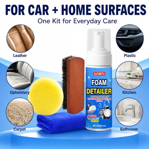 Car Interior Cleaner, Foam Cleaner for Car Seats Upholstery Carpet Leather Fabric Vinyl, No-Rinse Deep Stain Remover with Horsehair Brush & Microfiber Towel, Waterless Auto Detailing Kit, 5 oz / 150ml - view 3