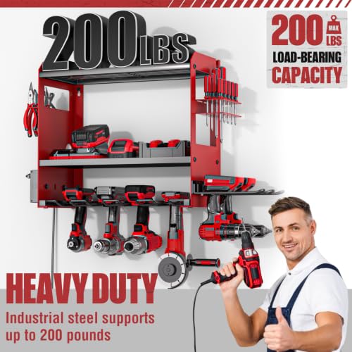 Power Tool Organizer Wall Mount with Charging Station, Cordless Tools Hanger and Battery Storage Rack for Garage Organization, Heavy Duty Drill Holder Shelf Build in Metal Power Strip - Red - view 4