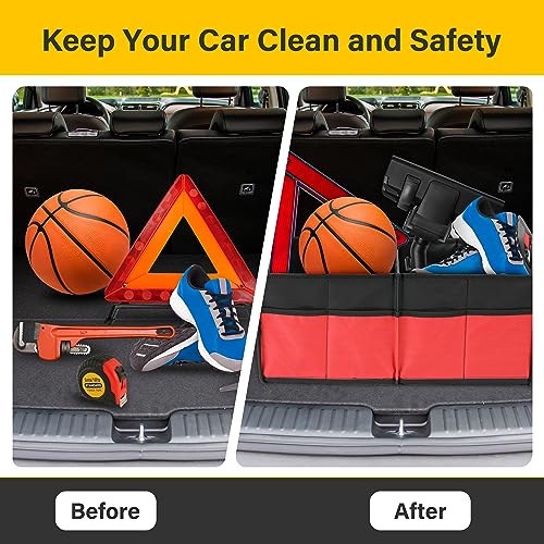 2 Compartments Car Trunk Organizer, 600D Waterproof Oxford Polyester Car Storage, Anti-slip 14" D x 22" W x 12" H Collapsible Trunk Storage, Suitable for SUV, Minivan, Truck, Red - view 5