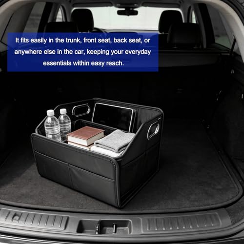 Car Storage Organizer, Large Capacity Foldable Car Caddy Basket with Metal Handle & Movable Divider, Multi-Pocket Trunk Organizer Front Back Seat Storage Box for Most Cars - view 3