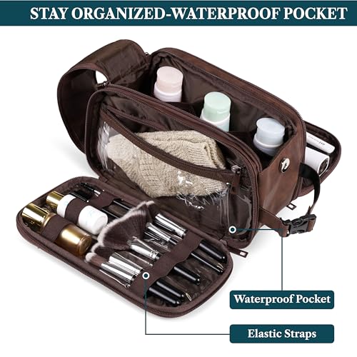 Toiletry Bag for Men, Hanging Travel Dopp Kit Organizer, PU Leather Water Resistant Bathroom Bag for Shaving Grooming, Large Capacity Cosmetic Bag Travel Essentials, Dark Brown - view 5