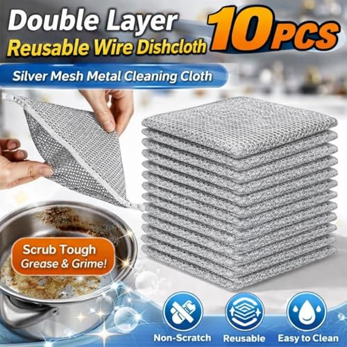 Silver Mesh Dish Cloths (3 Layer) – Non Scratch, Odor Free, Quick Dry Wire Cleaning Pads for Sinks, Dishes, Stove Top | Multipurpose Reusable Metal Scrubbers | 10 Pack - view 3