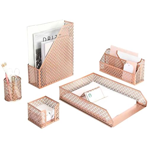 Rose Gold Desk Organizer Set | 6 Piece Metal Office Desk Organizer with Mail Sorter, Pen Cup, Sticky Note Holder, Magazine File, Card Holder, Paper Tray | Desk Organizers and Accessories