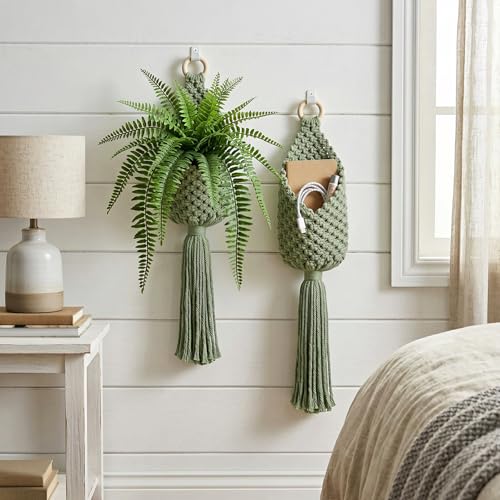Macrame Wall Hanging Bags, 2 Pack Woven Pouches Boho Storage (Matcha Green) - view 7