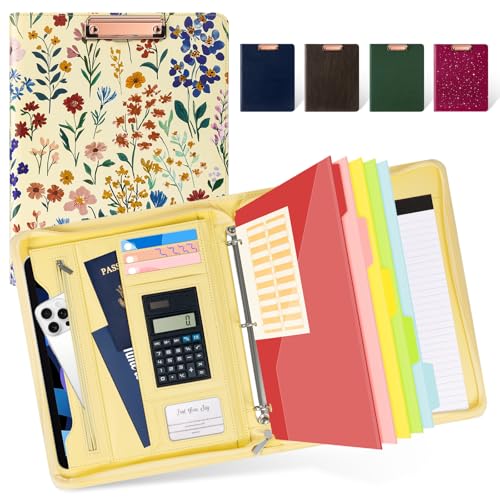 Leather Clipboard Binder with Storage - 3 Ring Zippered Padfolio Portfolio Folder - Calculator, 12.1” Tablet Sleeve, 5 Dividers with Pocket, Refillable Notepad, Card Slot (Floral)
