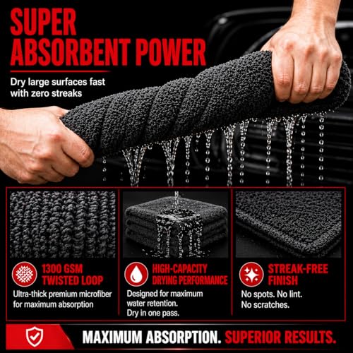 Microfiber Car Drying Towel & Interior Cleaning Cloth Set (2-Piece), 1300 GSM 24” x 36” Twisted Loop + 550 GSM 16” x 16” Coral Fleece, Streak-Free, Scratch-Free, Auto Detailing for Cars, Trucks & SUV - view 4