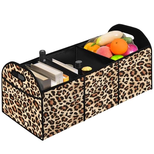 Classic Leopard SUV Car Trunk Organizer Accessories 50L Collapsible Car Storage Bag 3 Compartment Caddy Waterproof Foldable