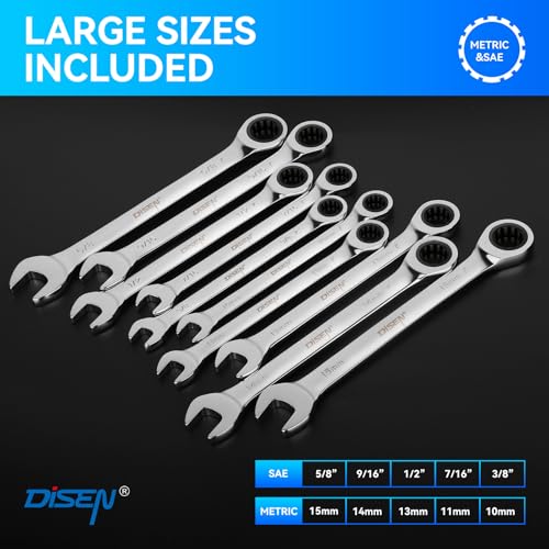 10Pcs Ratcheting Wrench Set SAE & Metric Ratchet Wrench Set with Rack Organizer, Premium CR-v Steel, 12 Point, 72 Teeth,Box End and Open End Ratcheting Wrench Set,Metric 10-15mm&SAE 3/8''-5/8'' - view 2