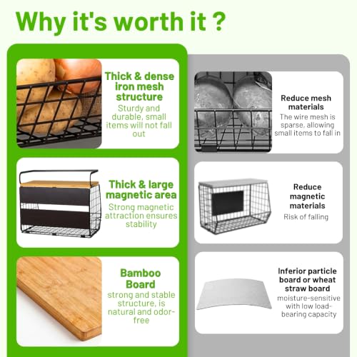 Magnetic Shelf for Fridge with Wood Lid, Fruit Potato and Onion Storage Bins, Pantry Organizers & Storage, Large Container Magnetic Spice Rack for Refrigerator, Kitchen Counter (Black, 2) - view 6