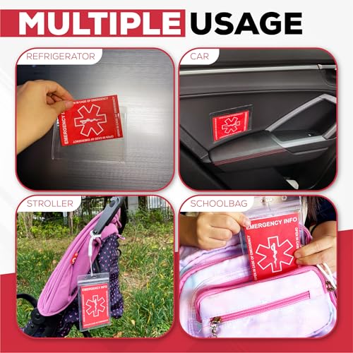 12 Pack Emergency Contact Cards with 10 Card Sleeves - Child ID Card for Car Seat Safety Stickers and Backpack Tags for Kids - Life Alert for Travel,Camping,Medical Fokder,Daycare Essential - view 2