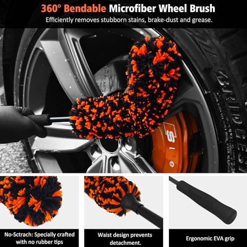 4PCS Car Wheel Cleaning Kit, Bendable Wool Brush, Orange&Black - view 3