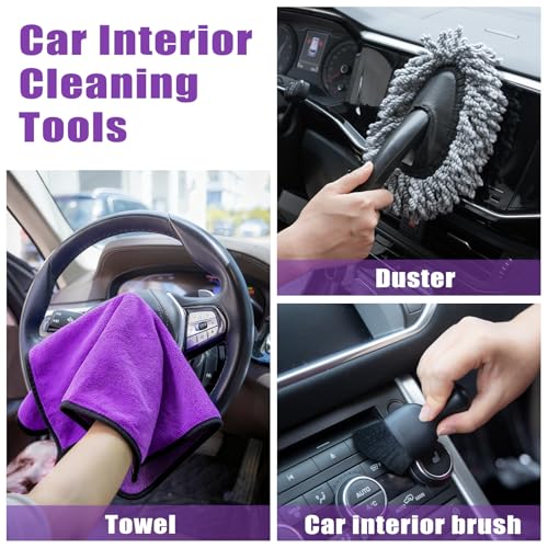 Windshield Cleaner Tool, 17Pcs Car Interior Detailing Kit, Detailing Brush, Towels, Duster, Car Cleaning Kit Interior for RVs, Truck, Trailer (Purple) - view 6