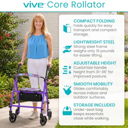 Steel Rollator Walker with Seat - Foldable, Narrow, Rolling - view 2