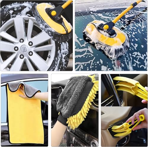 Car Wash Brush with Long Handle, 55 inch Car Wash Mop Car Wash Kit Mitt Retractable Bent Pole Car Wash Brush for Cars RV Truck Boat - view 6