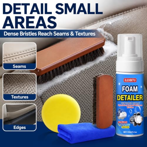Car Interior Cleaner, Foam Cleaner for Car Seats Upholstery Carpet Leather Fabric Vinyl, No-Rinse Deep Stain Remover with Horsehair Brush & Microfiber Towel, Waterless Auto Detailing Kit, 5 oz / 150ml - view 6