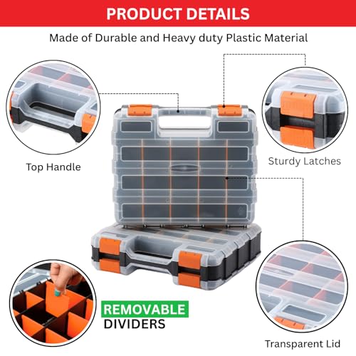 Andalus Tools Organizer Box, Small Parts Storage 34-Compartment Double-Sided Portable Hardware Organizer Removable Plastic Dividers for Screws, Nuts, Bolts, Nails – Orange (1 Pack, 12.5" x 10.5" x 3") - view 6