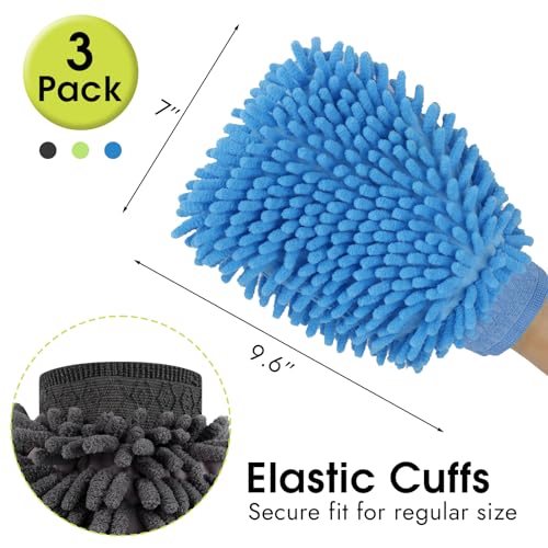 3 Pack Chenille Microfiber Car Wash Mitt, 7" x 9.6", Blue, Green, Grey - view 2