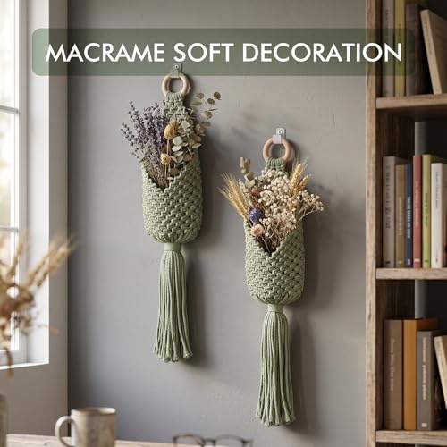Macrame Wall Hanging Bags, 2 Pack Woven Pouches Boho Storage (Matcha Green) - view 6