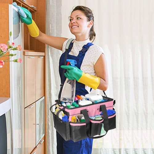 Cleaning Bags for Housekeepers, Large Cleaning Supplies Organizer with Handles & Shoulder Strap, Cleaning Caddy Bag with Foldable Divider for Cleaners, Car Horse Cleaning Bag(Pink) - view 2