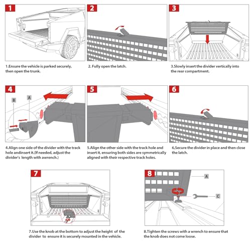 Truck Bed Divider Compatible with 2024-2026 Tesla Cybertruck, Rear Trunk Cargo Aluminum Organizer Carbon Steel Molle Panel with 8 Removable Hooks, No Drill Installation & Adjustable Partitions - view 6