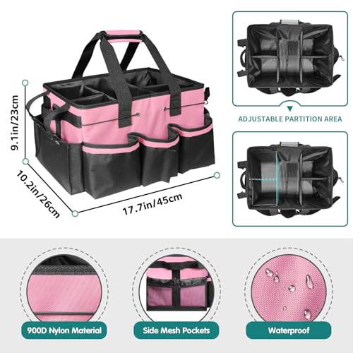 Cleaning Bags for Housekeepers, Large Cleaning Supplies Organizer with Handles & Shoulder Strap, Cleaning Caddy Bag with Foldable Divider for Cleaners, Car Horse Cleaning Bag(Pink) - view 3
