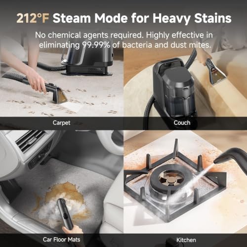 Carpet Cleaner Machine with Steam&Hot&Cold Water System, 18KPa Powerful Suction, Multi-Purpose Upholstery Cleaner for Carpet, Stairs, Sofa & Pet Messes, Portable Carpet Steam Cleaner Set of 1 - view 4