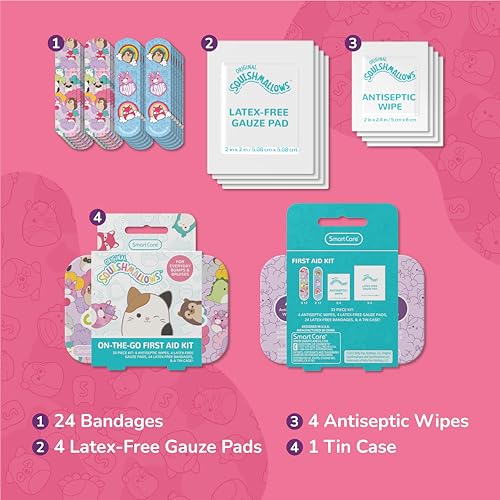 Squishmallow First Aid Kit Travel Essentials with Antiseptic Wipes, Cute Bandage Variety Pack for Kids, Latex-Free Gauze Pads and Bandages in Tin Case, 33PC - view 3