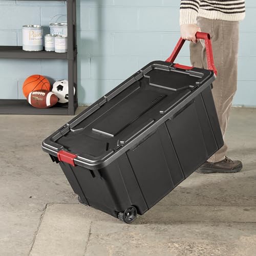 Industrial Storage Tote with Wheels, Black, 40 Gallon, Heavy Duty Plastic Container, Handle and Latches, 36.75x21.38x18 Inch, Set of 2 - view 3