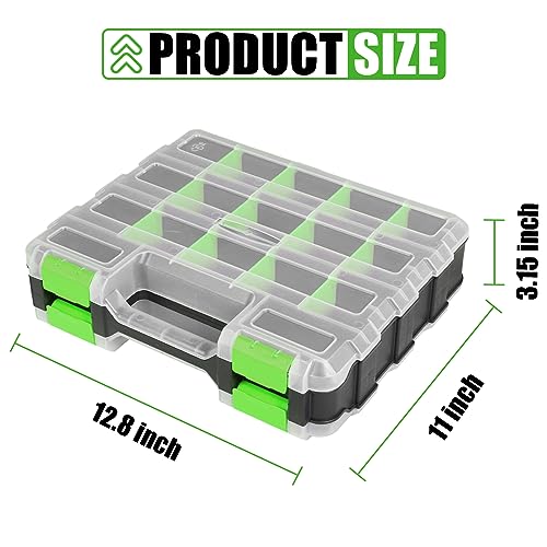Tool Box with Transparent Lid, Double Side 34-Compartments Organizer Box with Removable Dividers for Hardware, Screws, Bolts, Nails, Beads, Jewelry and Fishing Accessories, Green, 2 Packs - view 2