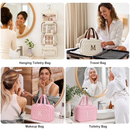 Initial Travel Toiletry Bag for Women Makeup Bag Organizer Beige I - view 6