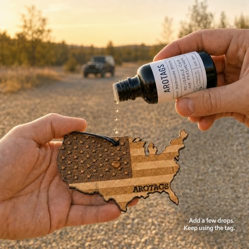 USA Flag Car Air Freshener Kit, Reusable Wood Hanging Diffuser with 30 mL Backwoods Birch Fragrance Oil, Patriotic Car & Truck Accessory - view 3