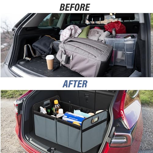 Car Trunk Organizer with Lid, Collapsible 2 Compartment 50L Automotive Storage Box with 5 Pocket, 600D Waterproof Oxford Polyester, Non Slip Bottom, Grey-Green, 2 Pack - view 6