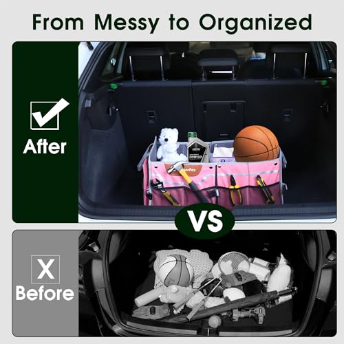 Car Trunk Organizer for SUV, 70L Heavy Duty Waterproof Trunk Organizer, Foldable Vehicle Organizer with Anti-Slip Base, 24”x13.8”x11.8”, Pink-M003 - view 7