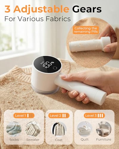 Fabric Shaver, 2 in 1 Rechargeable Sweater Shaver with Lint Roller, Magnetic Cap, Digital Display, 2 Extra Blades, Defuzzer for Clothing Furniture Couch - view 3