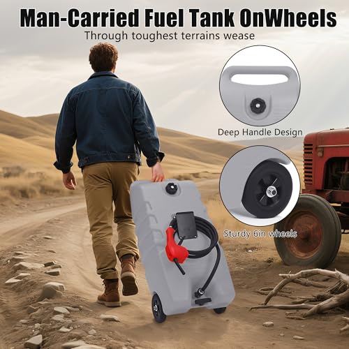 Fuel Caddy, 14 Gallon Portable Gas Fuel Tank Container with LE Fluid Transfer Siphon Pump and 10ft. Delivery Hose, Diesel Storage Can On-Wheels for Cars, Lawn Mowers, ATVs, Boats -Gray - view 4