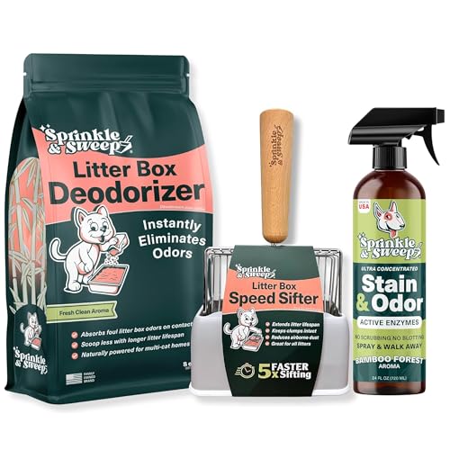 Litter Box Deodorizer Bundle: 8oz Bag, Speed Sifter, 24oz Odor & Stain Spray - Cat-Kitten Litter Care, Enzyme Spot Treatment Cleaner