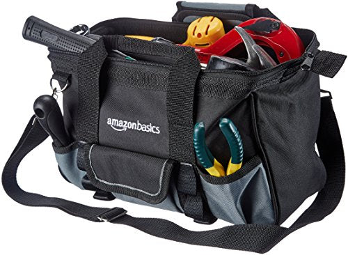 Durable Wear-Resistant Tool Storage Bag with Adjustable Shoulder Strap, Portable Tool Organizer, 16 Pockets, 12 in, Black & Gray - view 2