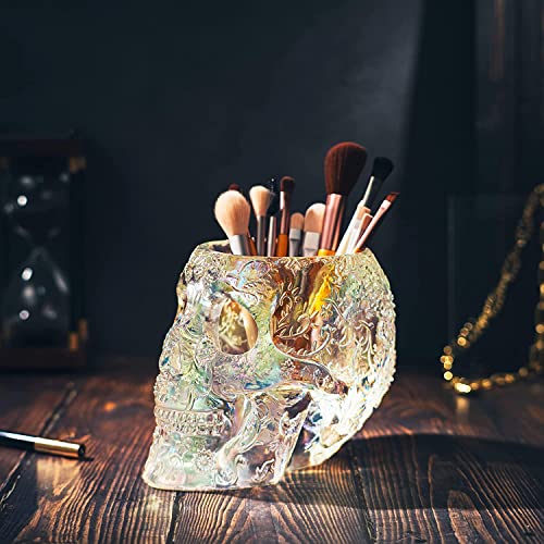 Skull Makeup Brush Holder, Pen Holder, Vanity, Desk, Office Organizer, Stationary, Decor Planter, Candy Bowl, Goth Decorations, Extra Large, Skulls Gothic Skull & Bones Organizer Bathroom (iridescent) - view 3