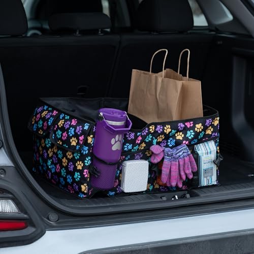 Collapsible Paw Print Car Trunk Organizer with 6 Pockets Truck SUV and Sedan Caddy With Compartment Vehicle Storage Container (Argyle Paws) - view 3