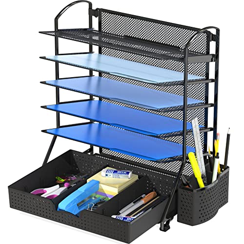 6-Tier Desk File Organizer w/Drawer & Pen Holder, Black