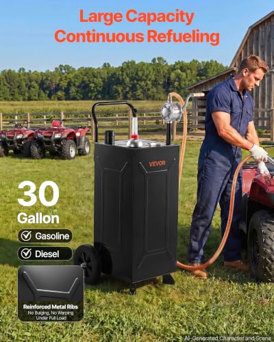 30 Gallon Fuel Gas Caddy, Carbon Steel, Portable Fuel Transfer Storage Tank with Manual Pump & 2 Wheels, Gasoline Diesel Can Container, for Cars, Lawn Mowers, ATVs, Boats, Motorcycles, Black - view 2
