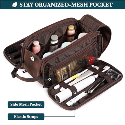 Toiletry Bag for Men, Hanging Travel Dopp Kit Organizer, PU Leather Water Resistant Bathroom Bag for Shaving Grooming, Large Capacity Cosmetic Bag Travel Essentials, Dark Brown - view 4