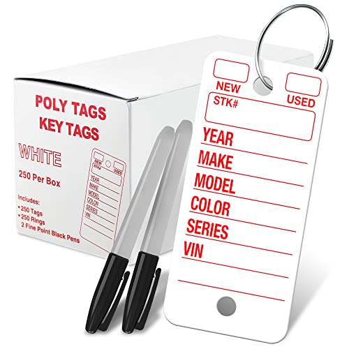 Poly Tag White Key Tags with Ring - 250 Count - Includes Rings and 2 Fine Point Pens - Plastic Car and Automotive Dealer Tags