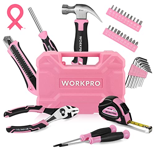 35-Piece Pink Tools Set, Household Tool Kit with Storage Toolbox, Basic Tool Set for Home, Garage, Apartment, Dorm, New House, Back to School - Pink Ribbon