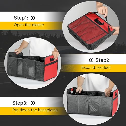 2 Compartments Car Trunk Organizer, 600D Waterproof Oxford Polyester Car Storage, Anti-slip 14" D x 22" W x 12" H Collapsible Trunk Storage, Suitable for SUV, Minivan, Truck, Red - view 2