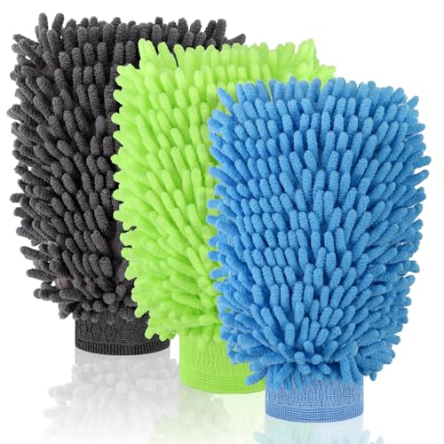 3 Pack Chenille Microfiber Car Wash Mitt, 7" x 9.6", Blue, Green, Grey