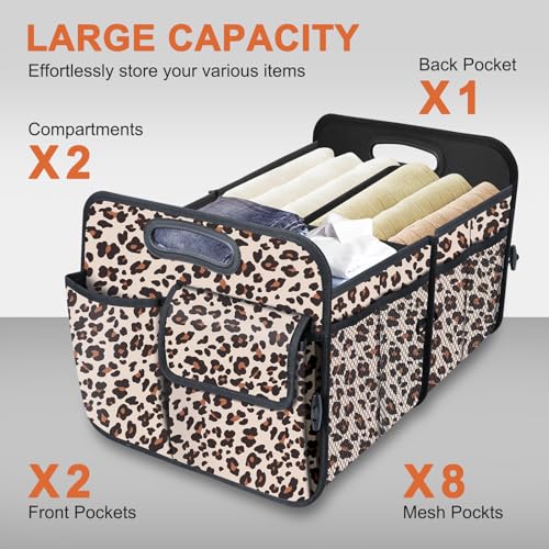 Trunk Organizer, Collapsible Trunk Organizers and Storage, Car Accessories for Women and Men, Multi-Compartment Trunk Storage Organizer for SUV, Car, Mini-Van, Leopard Print - view 4