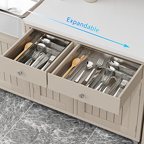 Utensil Drawer Organizer - Expandable Cutlery Tray, Silverware/Flatware Storage Divider for Kitchen, Mesh Designing with Non-slip Rubber Feet (Silver) - view 2