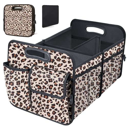Trunk Organizer, Collapsible Trunk Organizers and Storage, Car Accessories for Women and Men, Multi-Compartment Trunk Storage Organizer for SUV, Car, Mini-Van, Leopard Print