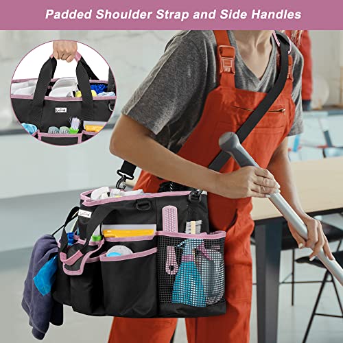Cleaning Caddy Bag with 3 Compartments and Shoulder Strap, Pink Edge - view 4